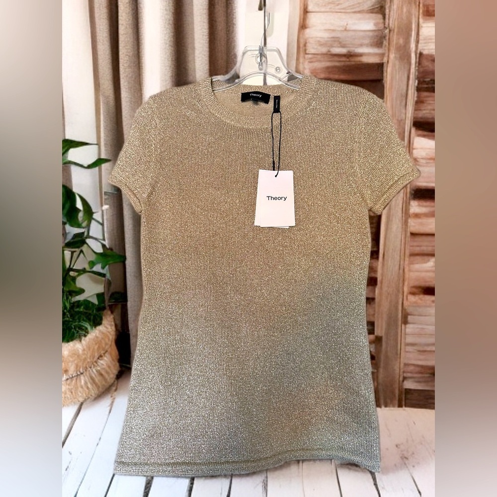 NWT Theory Gold Metallic Short Sleeve Slim Crew Neck Top Women’s Size P
